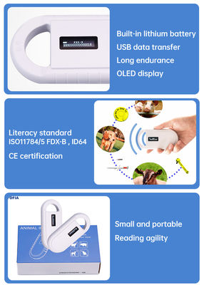 Fofia Microchip de plástico portátil para animais Leitor de cartão RFID PT160 134.2kHz OLED Screen USB Bateria de lítio CE Certificado ISO 5-10cm
