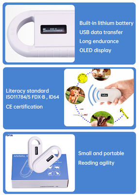 Leitor de cartão RFID de microchip de plástico animal portátil PT160 134,2 kHz OLED Screen USB Bateria de lítio CE Certificado ISO 11784/11785