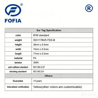 Etiqueta de orelha de ovelha Fofia HDX ET969 Nova TPU Amarela Resistente a Altas Temperaturas Anti-queda Chip RFID Rastreamento Animal 1.5 Ano