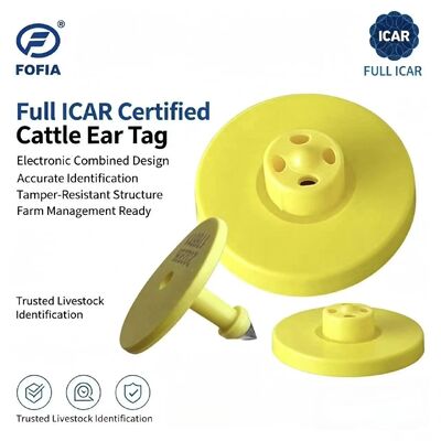 Nova Fofia Full ICAR ET908+T901 RFID à prova d'água LF TPU amarelo etiquetas de orelhas de animais 14,5 mm Chips de vacas de gado 5 anos de garantia 0,01g