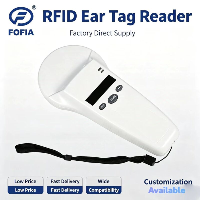 FOFIA Leitor portátil RFID de plástico durável com tela OLED 128x32 /USB para uso de animais de estimação e fazendas / ranchos de longa distância
