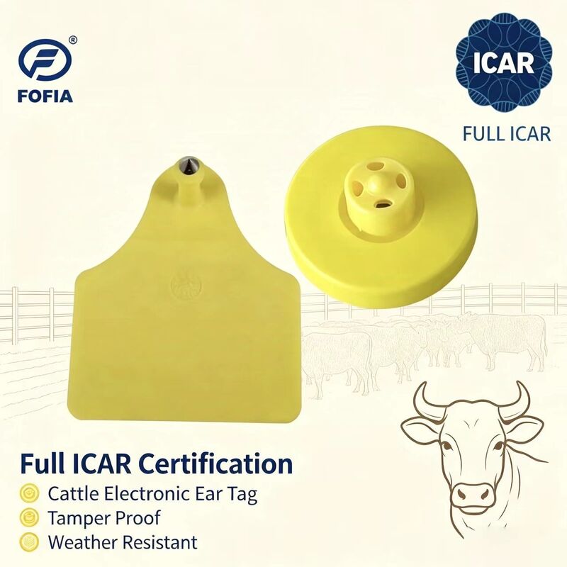 FOFIA Novo Full ICAR Durável RFID resistente à água TPU Yellow Ear Tags LF ET908+T905 Farm Chips Garantia de 5 anos Bovine 14,5mm