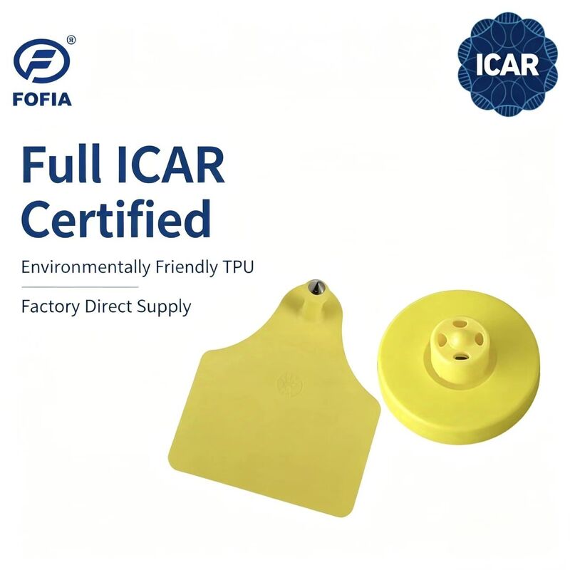 FOFIA Novo Full ICAR Durável RFID à prova d'água LF TPU Yellow Ear Tags ET908+T905 EM4305 Chips Garantia de 5 anos Bovine 14,5mm